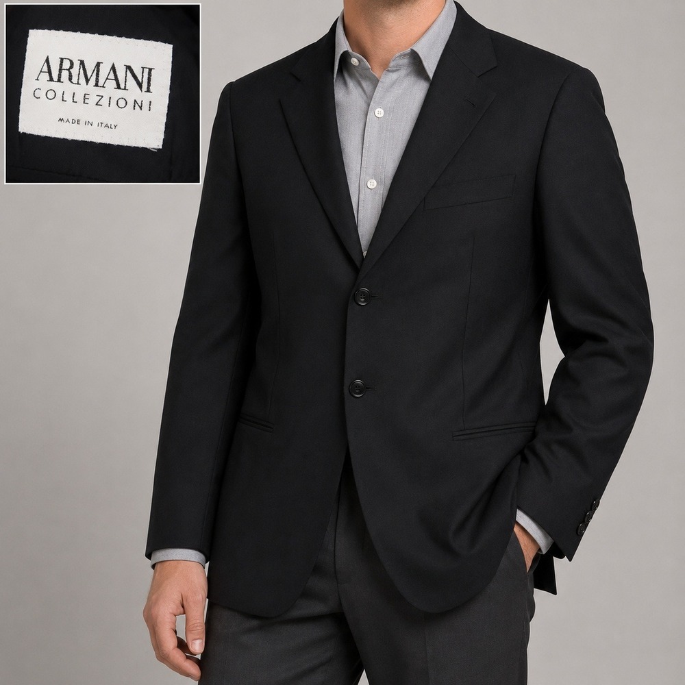Armani Collezioni Blazer Mens 44R Black Wool Italy Two Button Luxury Sport Coat